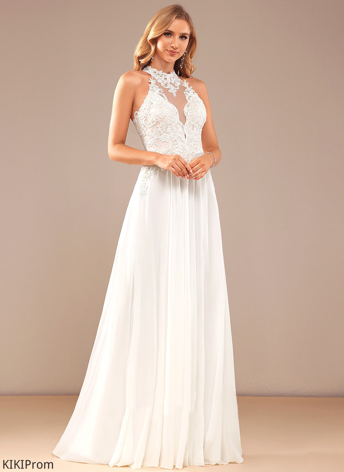A-Line Sequins Wedding Dresses Neck Dress Lace Chiffon Beading With Wedding Floor-Length High Karina