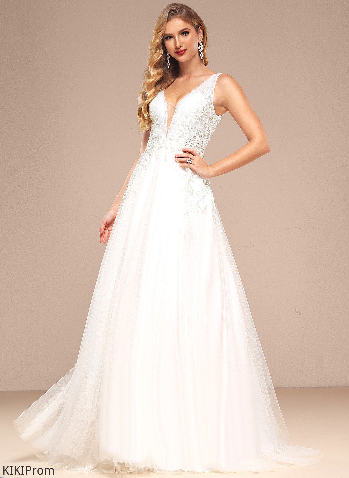 A-Line Train Wedding Nataly Tulle With Sequins Sweep V-neck Dress Wedding Dresses Lace