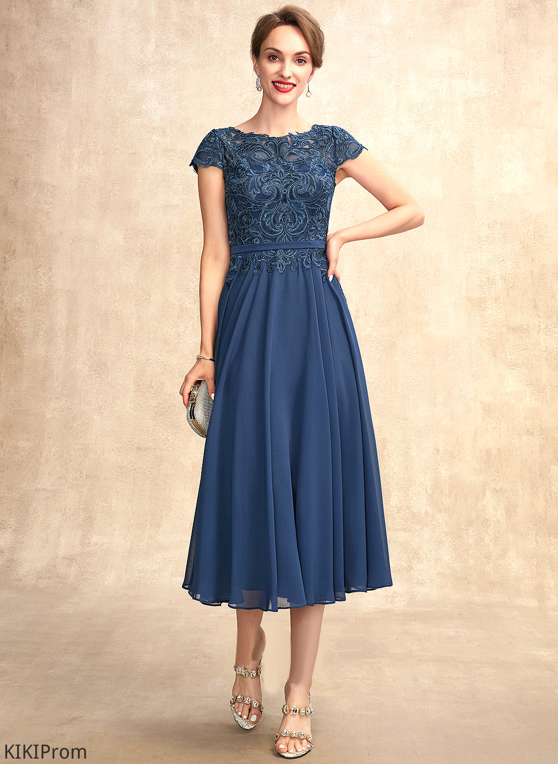 Mother of Chiffon the Gwen A-Line Tea-Length Lace Dress Scoop Bride Mother of the Bride Dresses Neck