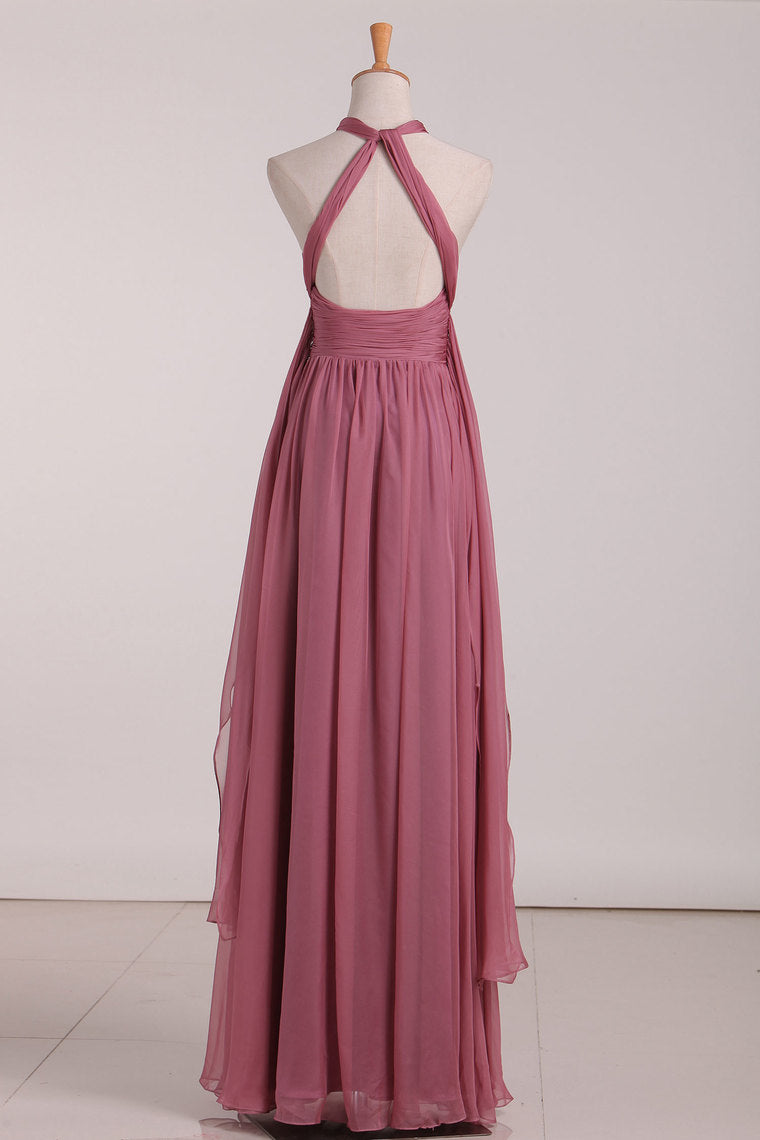 2024 Halter Ruched Bodice Bridesmaid Dresses A Line Chiffon Floor Length
