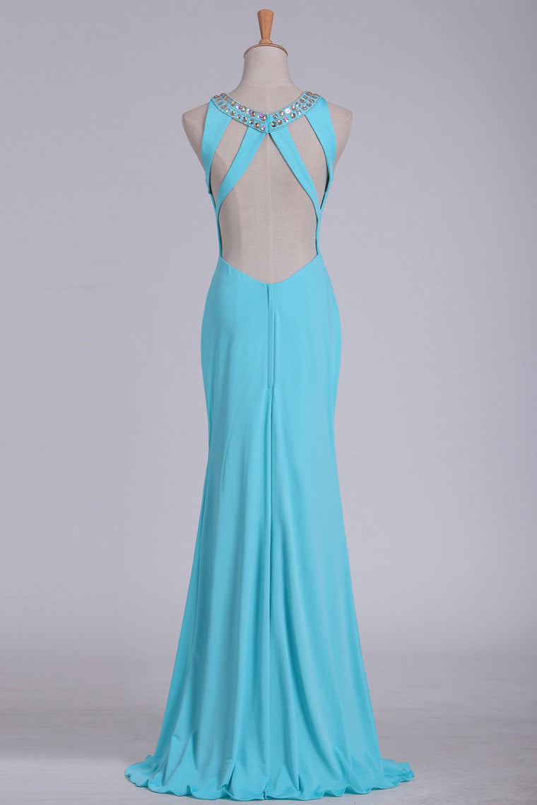 2022 Sexy Open Back Scoop With Beads And Slit Prom Dresses Spandex Sheath