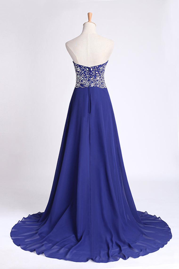 2022 Prom Dress Sweetheart Beaded Bodice A Line Chiffon Dark Royal Blue