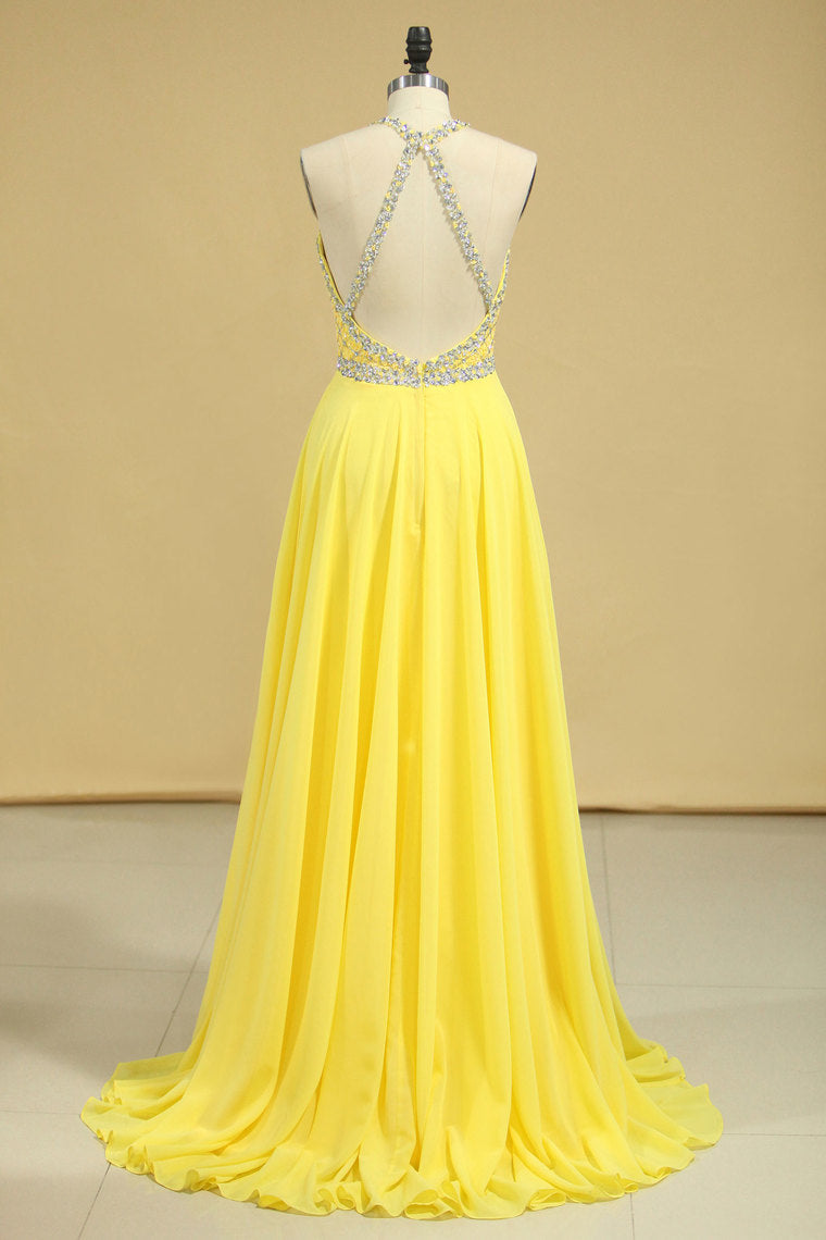 2022 A Line Prom Dresses Halter Beaded Bodice Open Back Sweep Train Chiffon & Tulle Daffodil