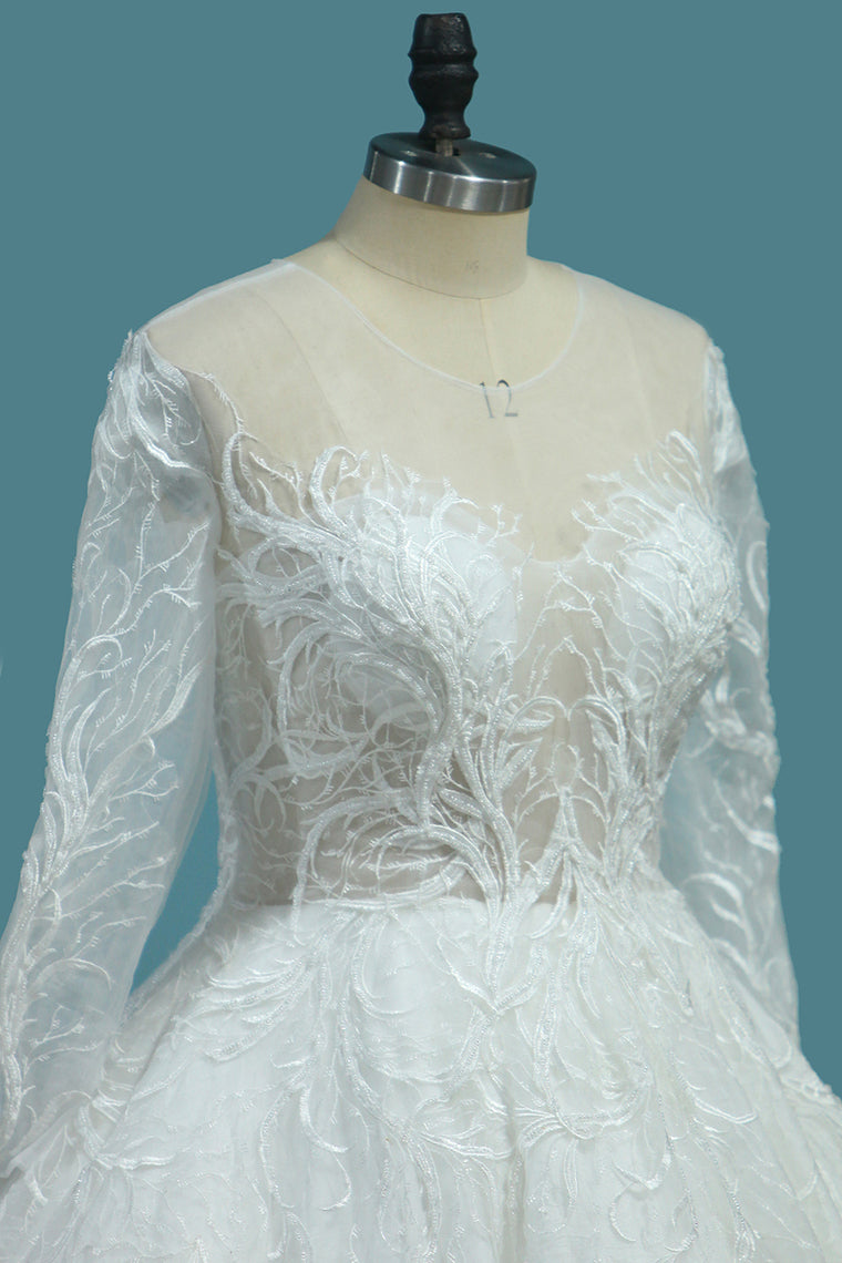 2024 A Line Scoop Long Sleeves Wedding Dresses Tulle With Applique Chapel Train