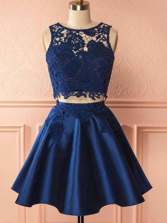 2 Pieces Navy Homecoming Dresses Daisy Lace Two Pieces Satin Blue Party Dress