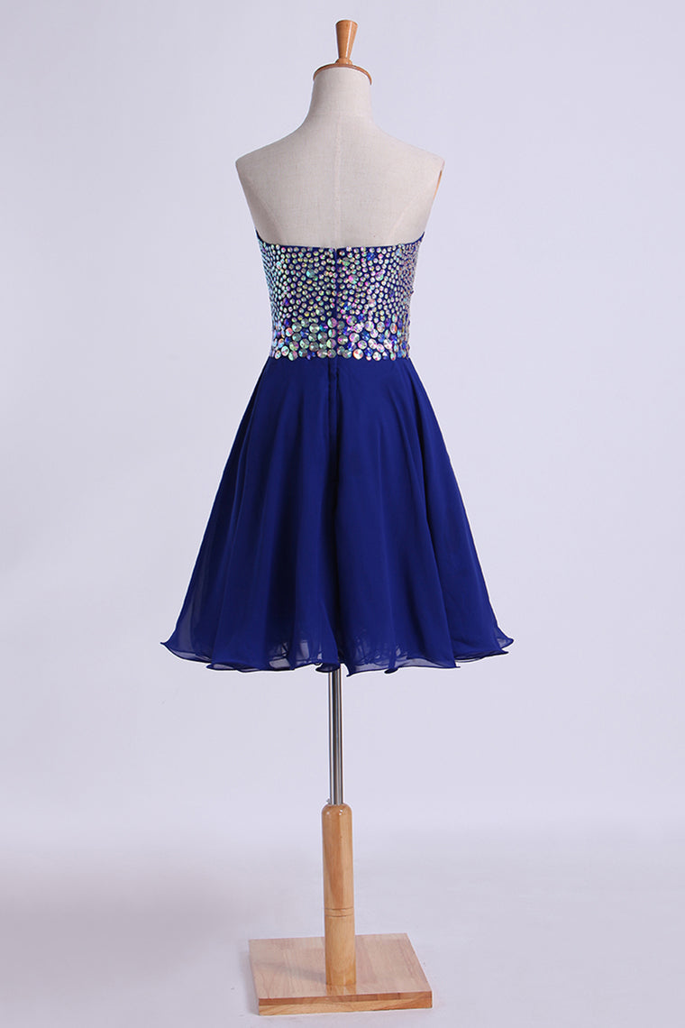 2022 Homecoming Dress Dark Royal Blue Beaded Sweetheart Short/Mini A Line/Princess Chiffon