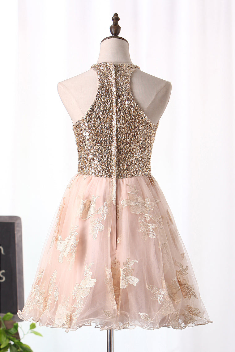 2022 A Line Homecoming Dresses Scoop Tulle With Beads And Applique