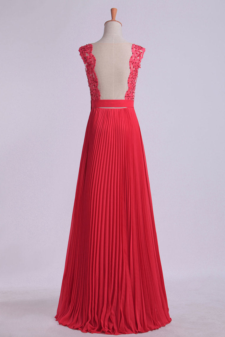 2022  V Neck Prom Dress Appliqued Bodice Ruched Waistband Flowing Chiffon Skirt