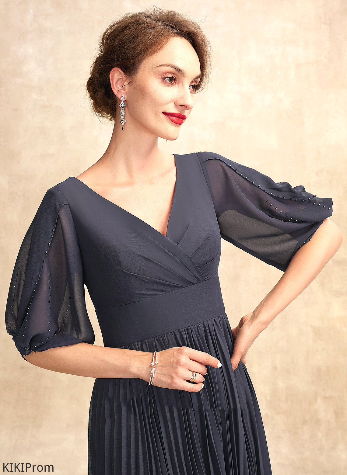 Bride Tea-Length A-Line V-neck Dress of With Kelsey the Mother of the Bride Dresses Mother Pleated Chiffon