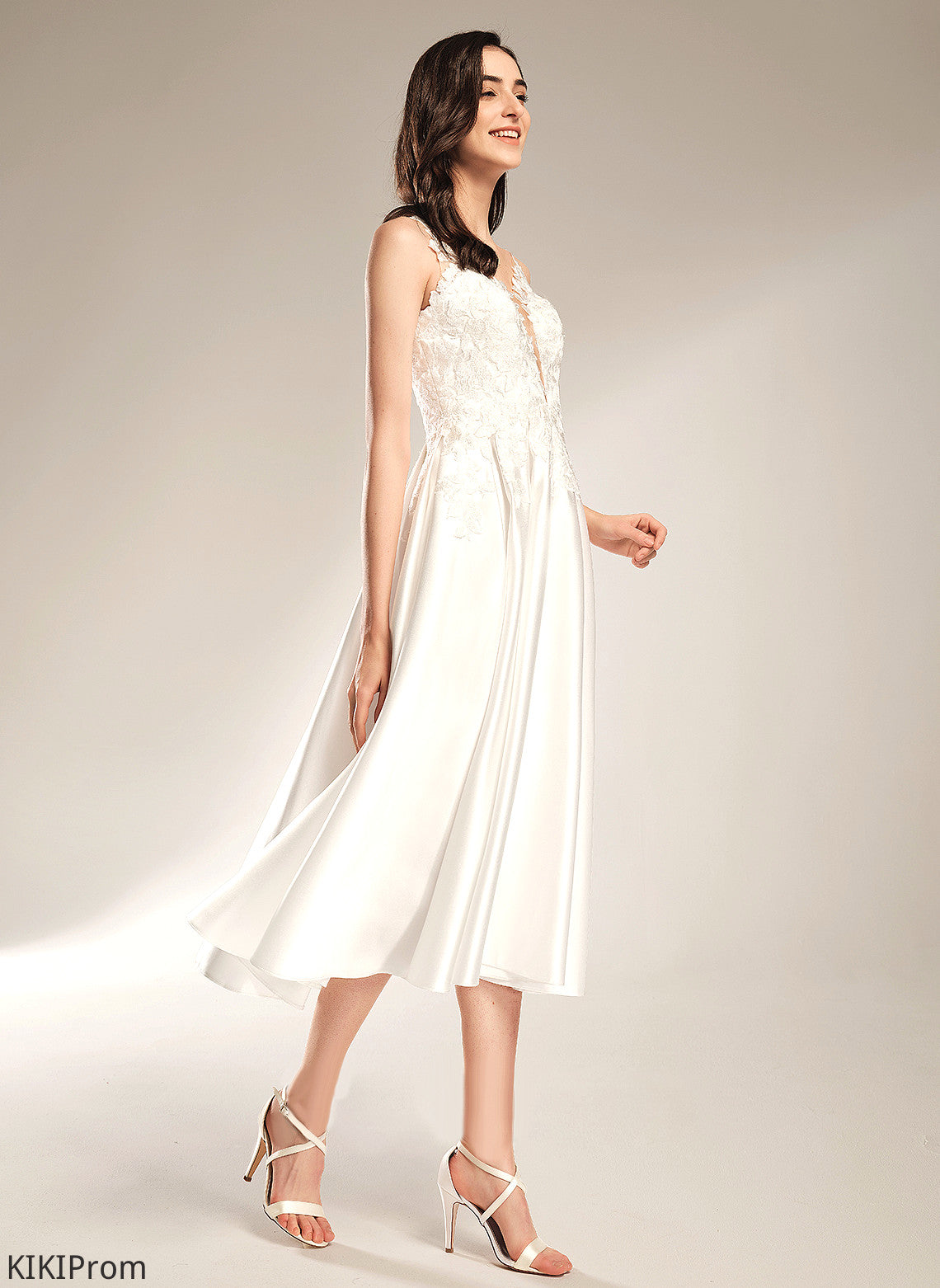 Lace Satin Tea-Length Wedding Dresses V-neck Rosie Dress A-Line Wedding