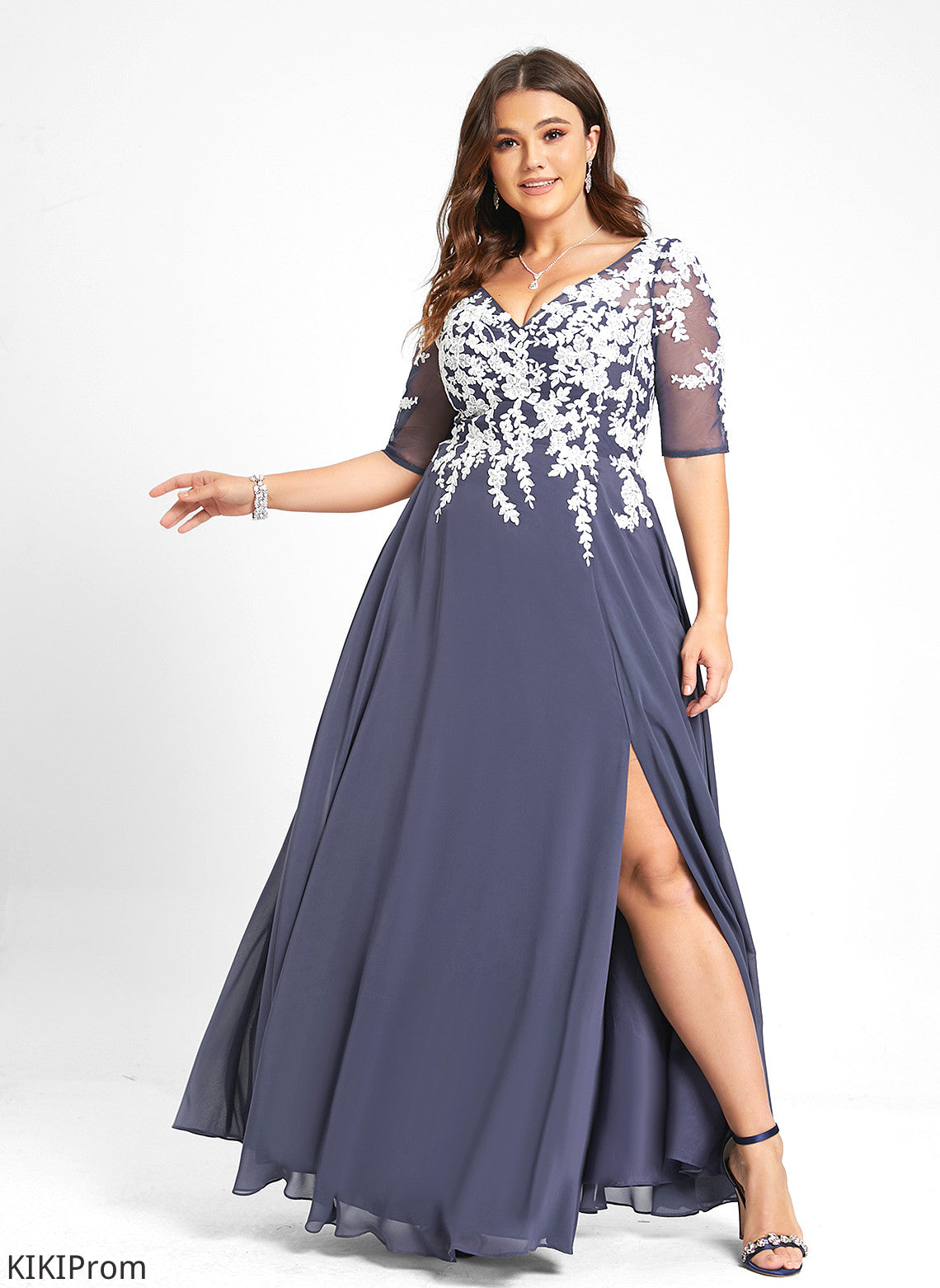 V-neck Heidy Lace Chiffon Floor-Length Prom Dresses A-Line
