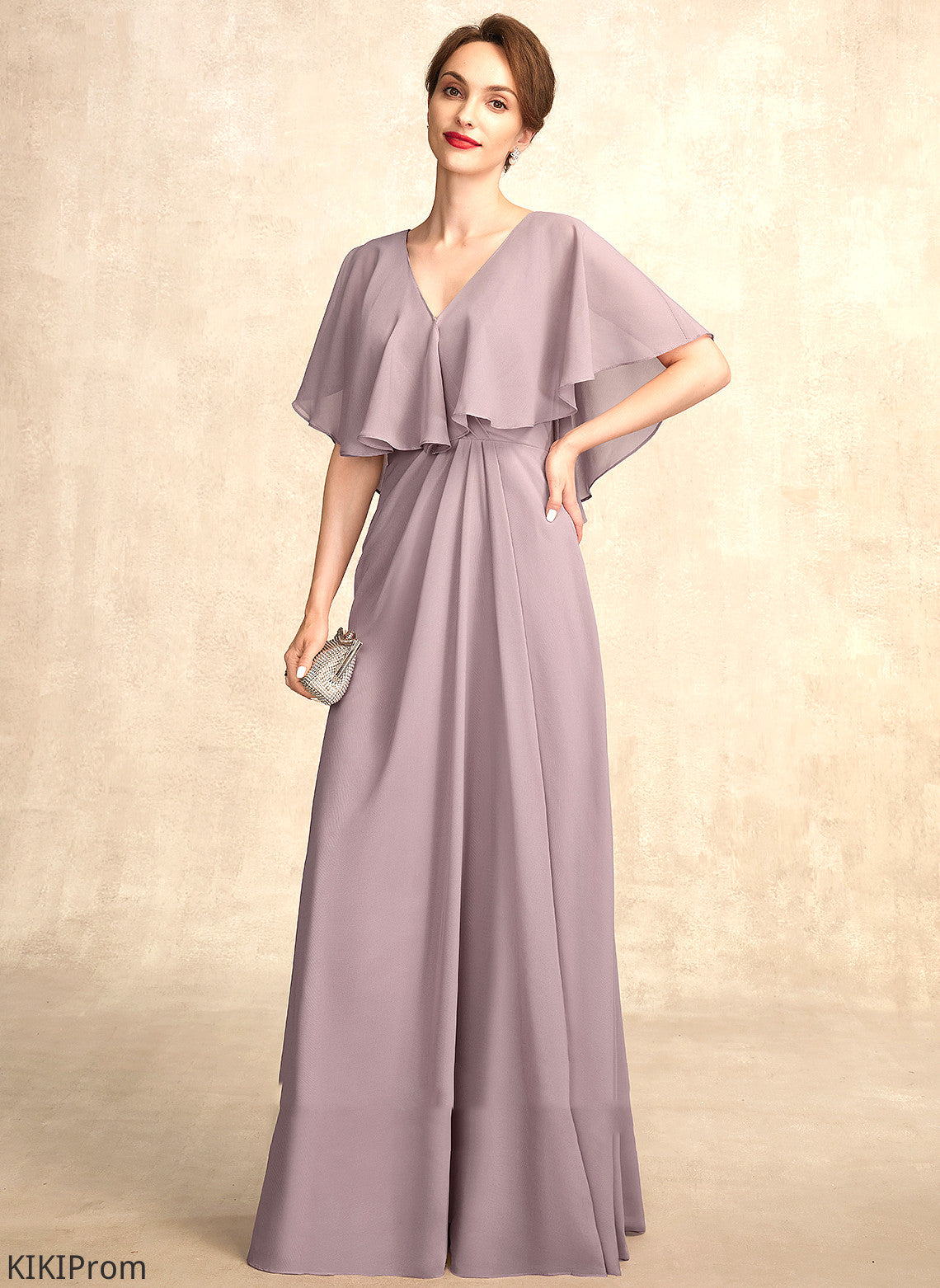 A-Line Mother the With V-neck of Floor-Length Mother of the Bride Dresses Lauren Dress Ruffle Bride Chiffon