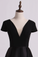2022 Open Back V-Neck Short Sleeve A-Line Satin Evening Dress Black Bodice Floor-Length