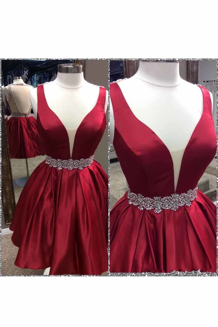 2024 Sexy Open Back V Neck Satin With Beading A Line Cocktail Dresses