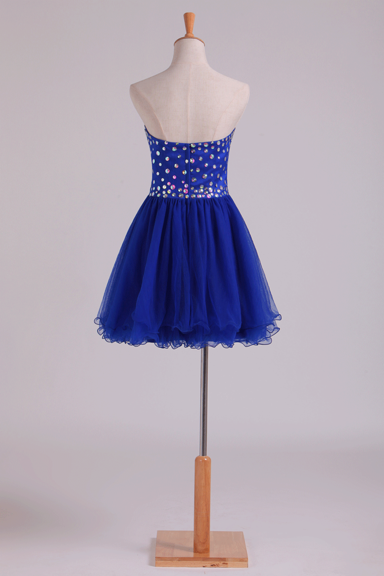 2022 New Arrival Dark Royal Blue A Line Sweetheart Homecoming Dresses Tulle Short With Beads