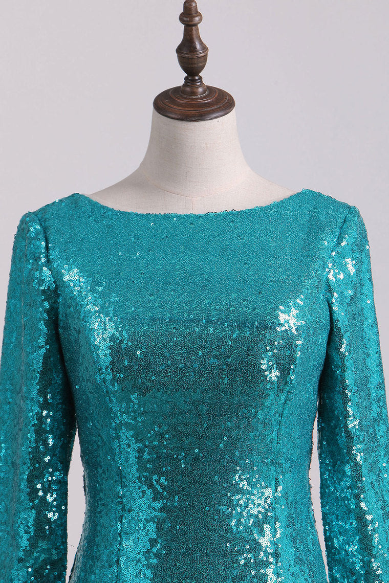 2022 Sexy Open Back Long Sleeve Prom Dresses Sequins Mermaid Sweep Train