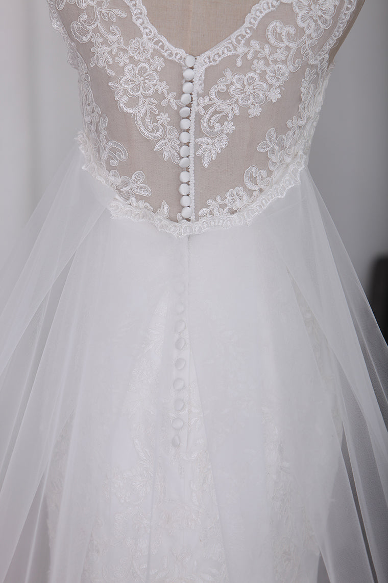 2024 Mermaid V Neck Wedding Dresses Tulle With Applique Chapel Train Detachable