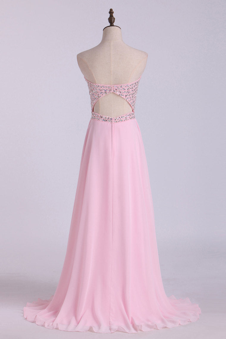 2022 Sexy Open Back Prom Dress Sweetheart A Line Floor Length Chiffon With Beads