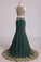 2024 Dark Green Mermaid Two-Piece Prom Dresses Scoop Sweep/Brush Chiffon With Gold Applique