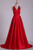 2022 Red V Neck Evening Dresses A Line Sweep Train  With Slit And Ruffles
