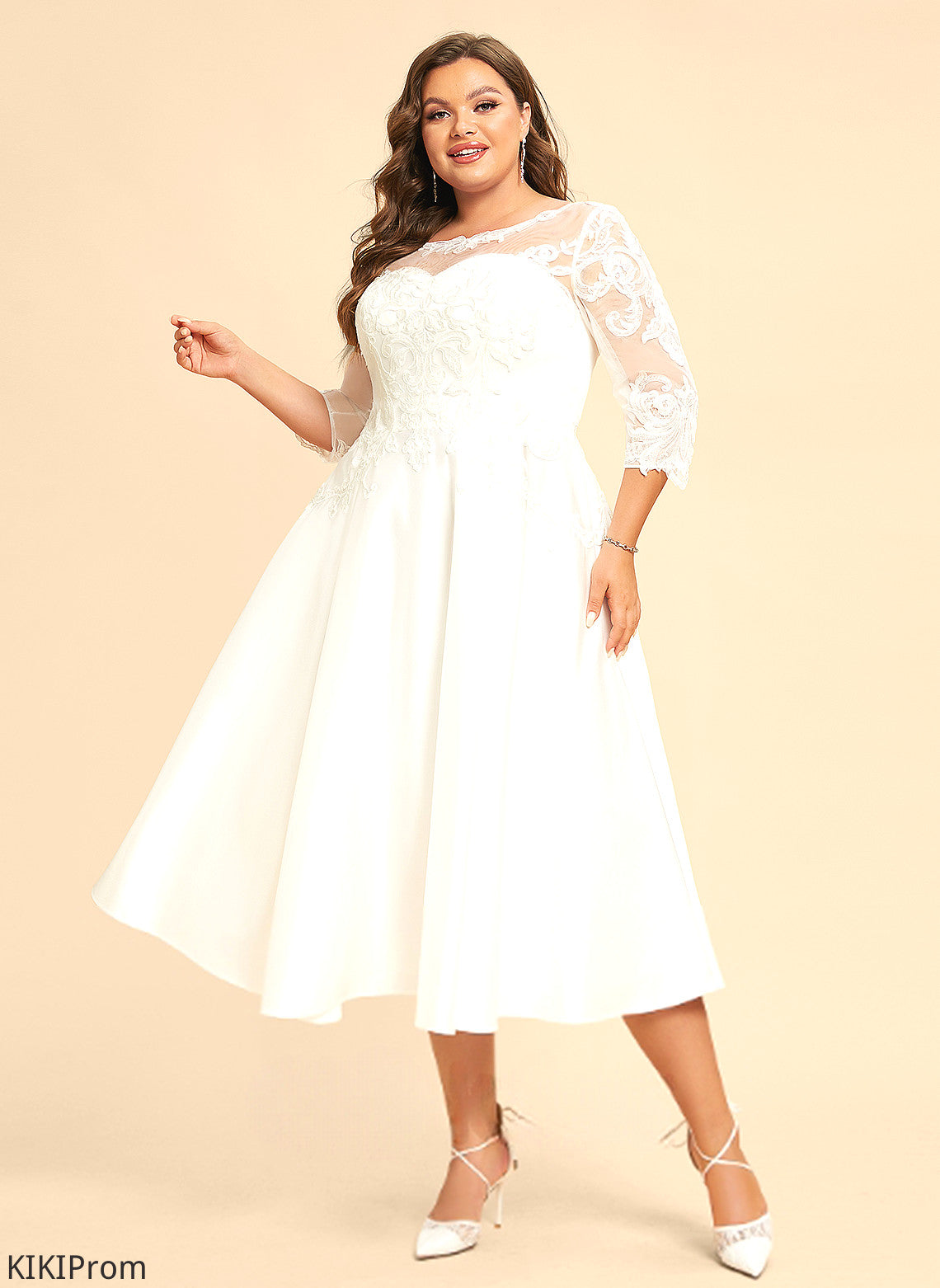 Wedding Dresses A-Line Dress Makayla Satin Tea-Length Wedding Illusion Lace