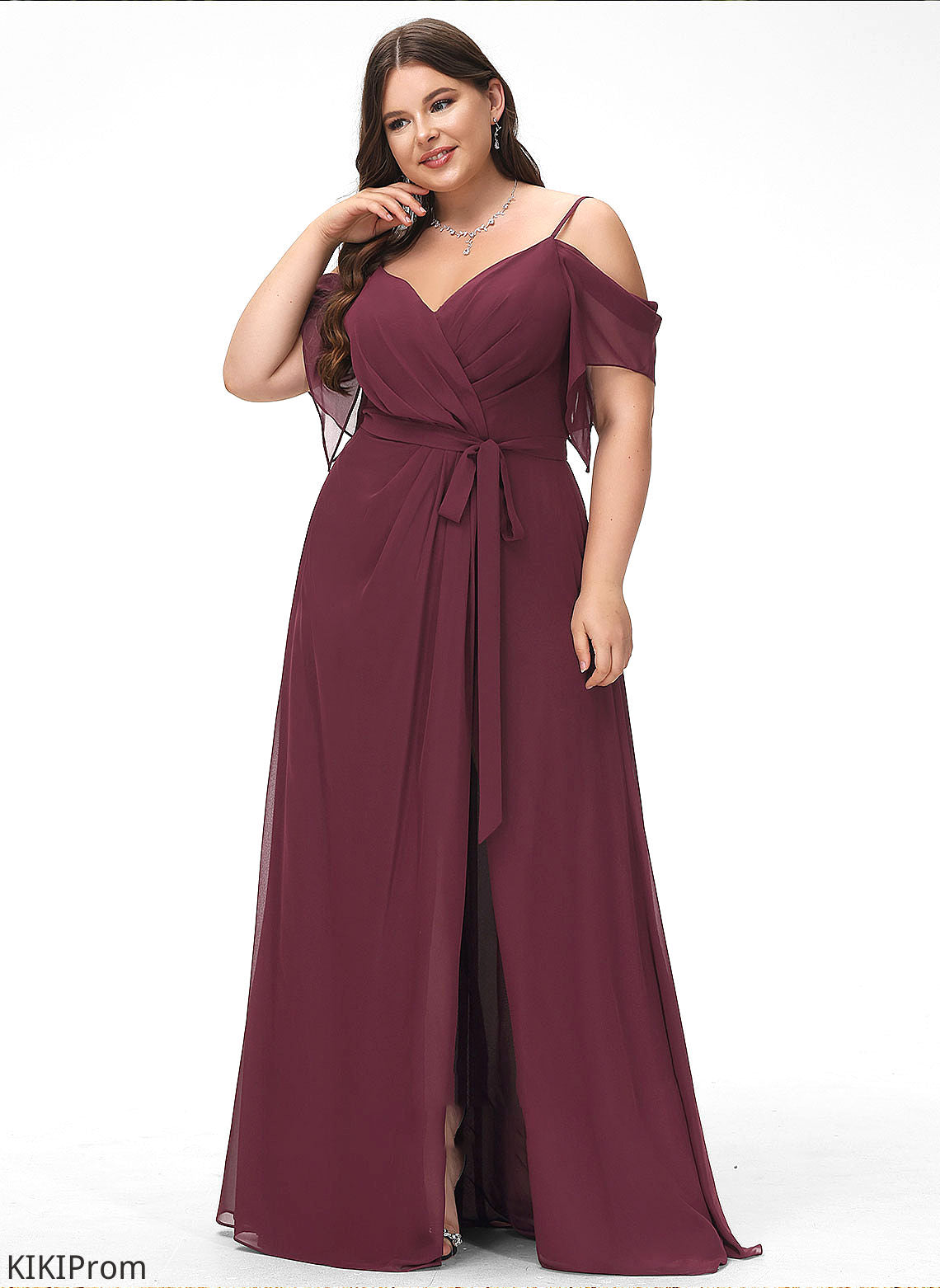 Ruffle Fabric Embellishment SplitFront Length Neckline Silhouette V-neck A-Line Floor-Length Michaelia Bridesmaid Dresses