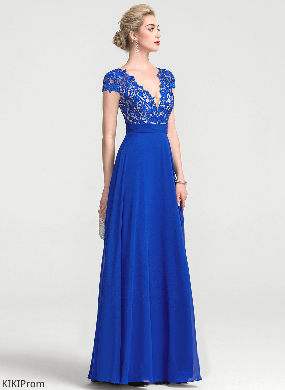 Ruffle Prom Dresses With A-Line Chiffon Lace V-neck Floor-Length Abby