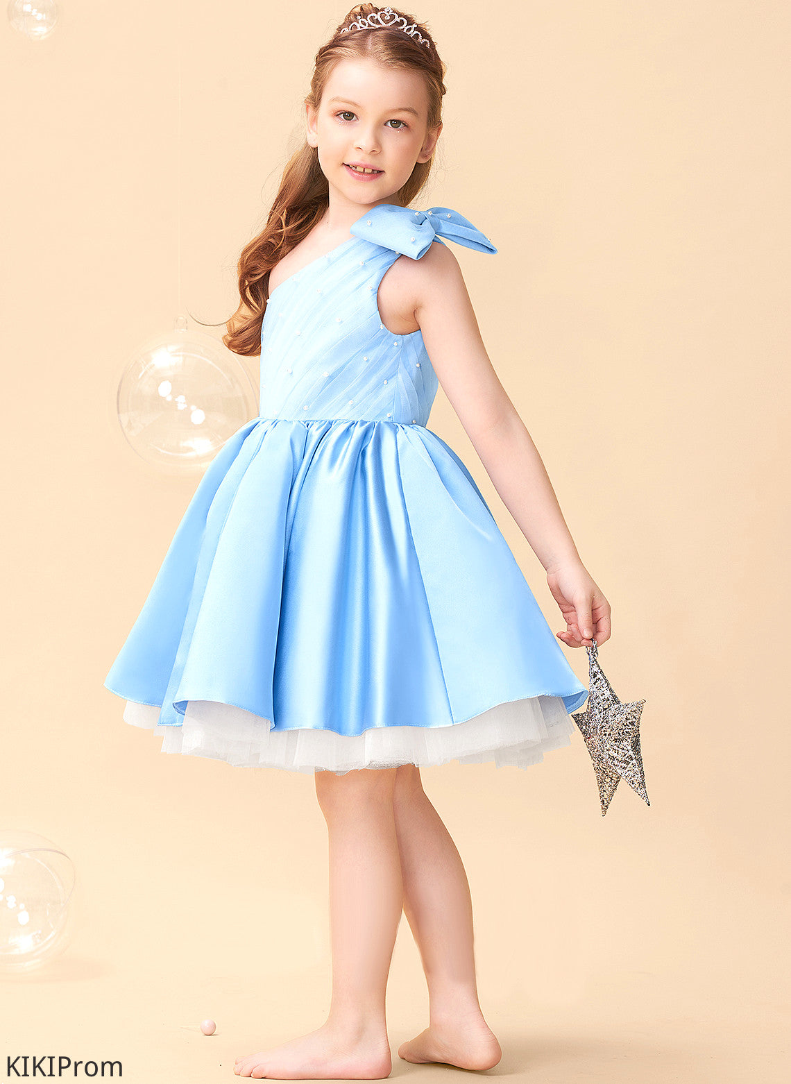 - Knee-length Flower Girl Dresses With Beading/Bow(s) Girl Dress Kyla Satin/Tulle A-Line Sleeveless Flower One-Shoulder