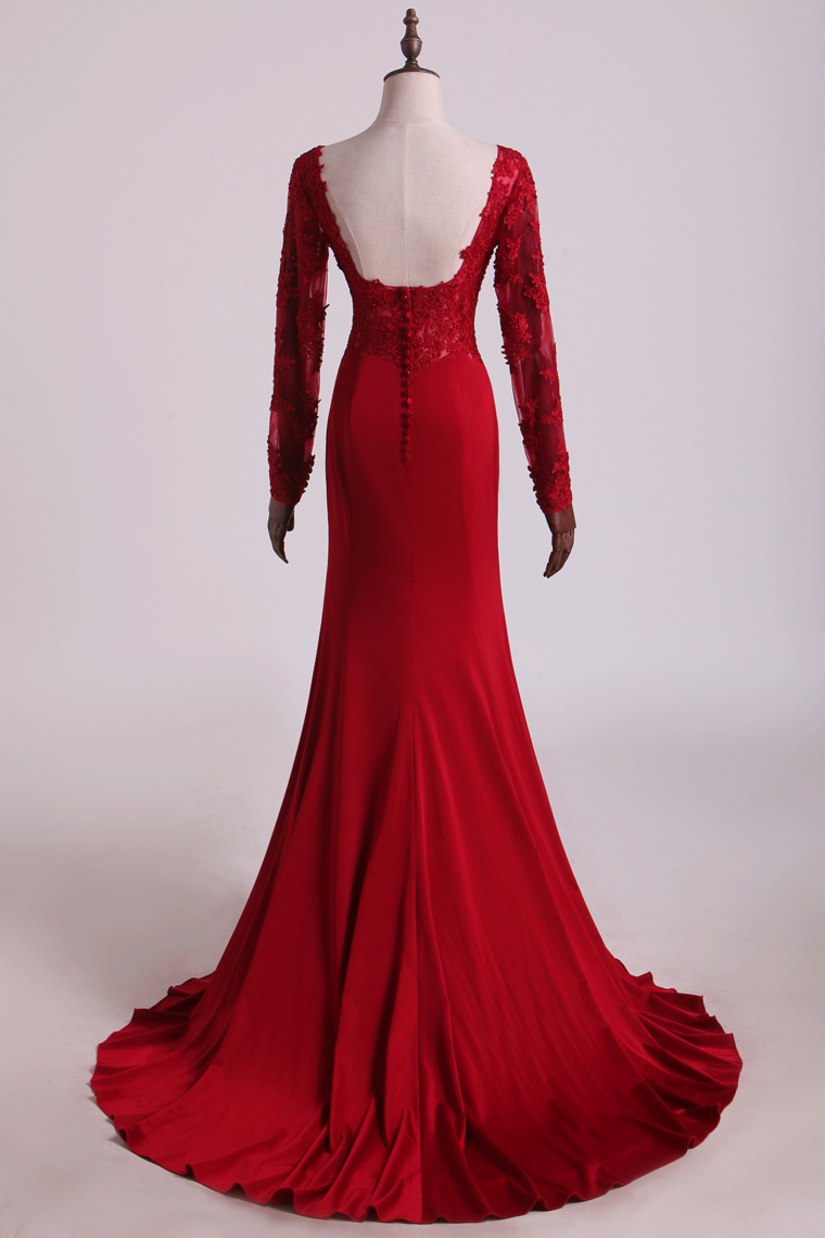 2022 Hot Long Sleeves Prom Dresses Spandex Mermaid With Applique Burgundy/Maroon