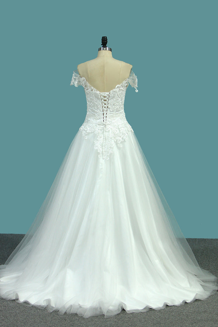 2024 A Line Tulle Off The Shoulder Wedding Dresses With Applique Sweep Train