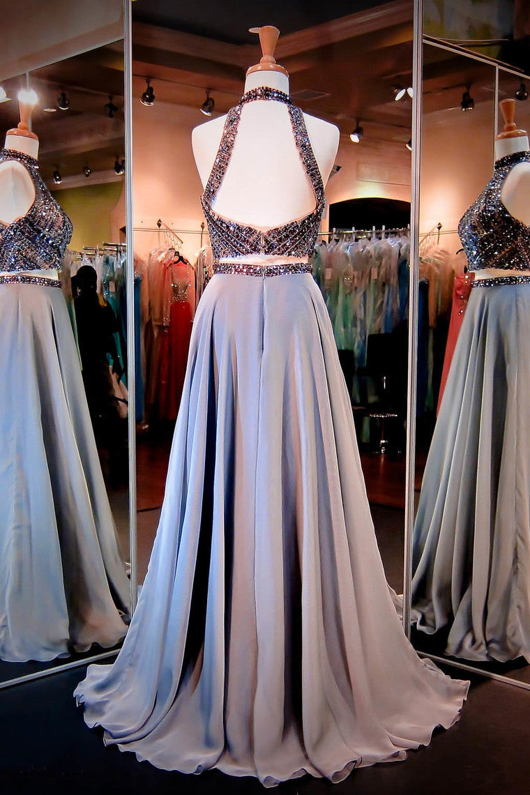 2024 Prom Dresses High Neck Beaded Bodice A Line Chiffon Two Pieces