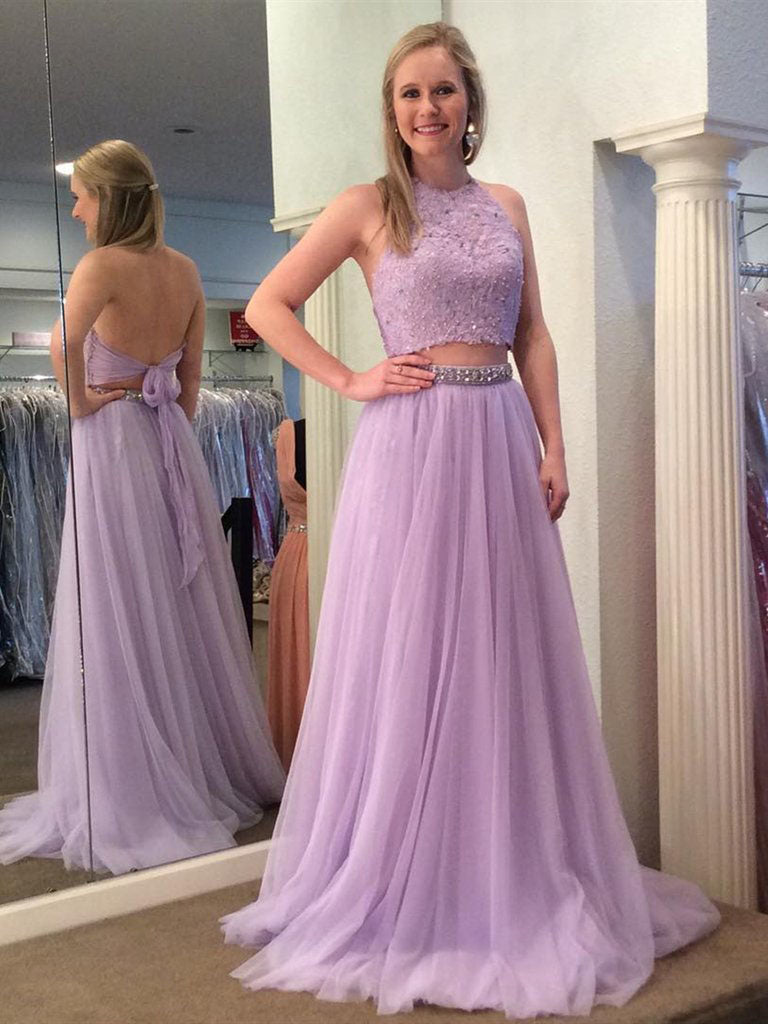 Chic Two Piece Low Back Halter Tulle Long Prom Dresses