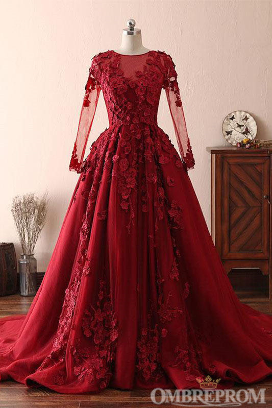 Kikiprom Modest Elegant Burgundy Scoop Neck Long Sleeves Ball Gown Prom Dresses With Appliques