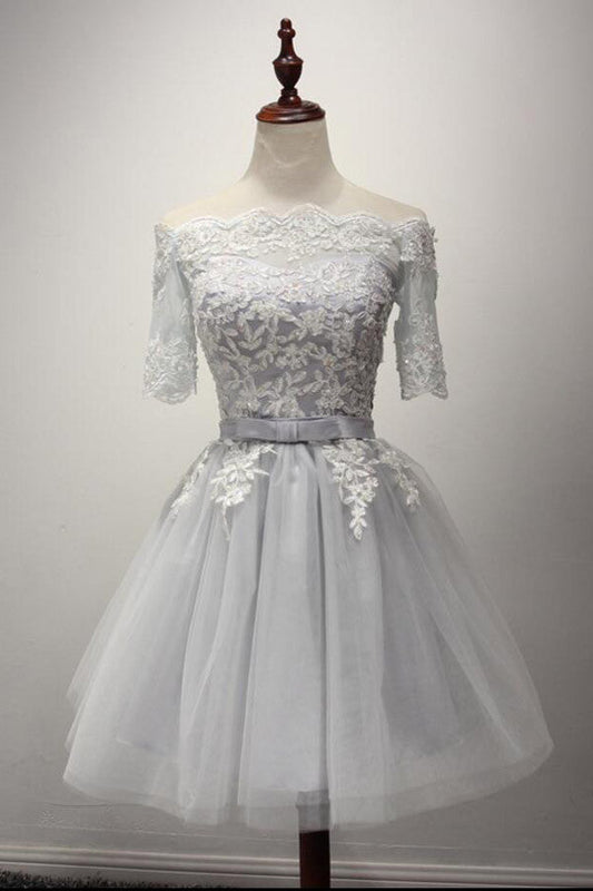 Light Gray Off Shoulder Appliques Lace Short Homecoming Dresses