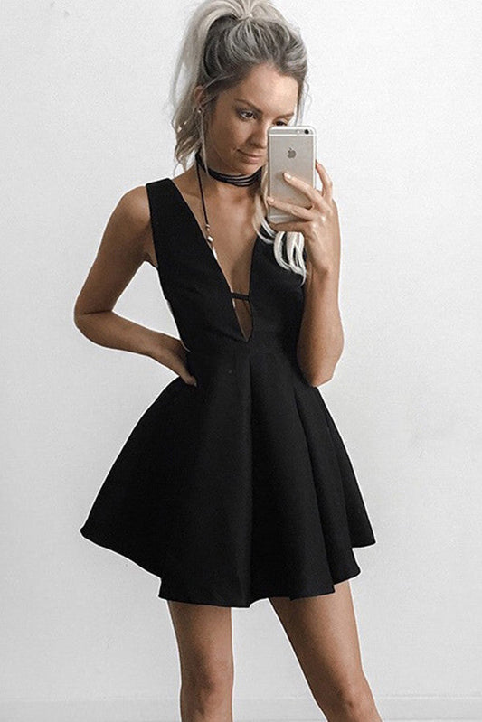 Sexy Deep V-Neck A-Line Black Satin Short Homecoming Dresses
