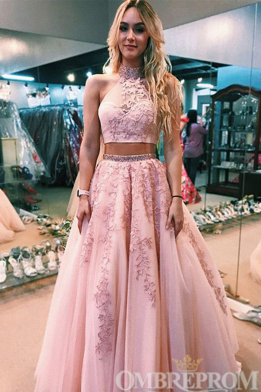 Pink Two Piece Halter Lace Prom Dresses with Beading