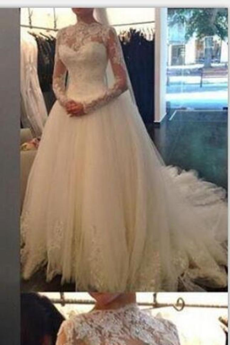 2024 Wedding Dresses A Line High Neck Long Sleeves Tulle With Applique Zipper Up