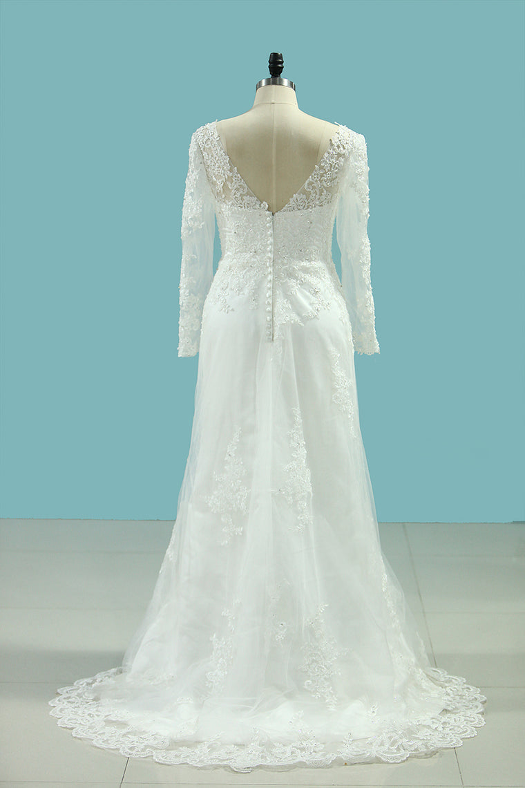 2024 V Neck Sheath Wedding Dresses With Applique Long Sleeves Detachable Train