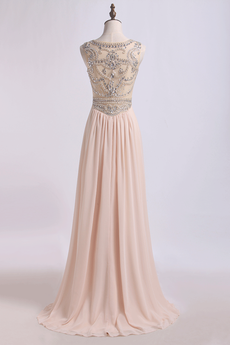2022 Prom Dress Scoop A Line Beaded Tulle Bodice With Chiffon Skirt