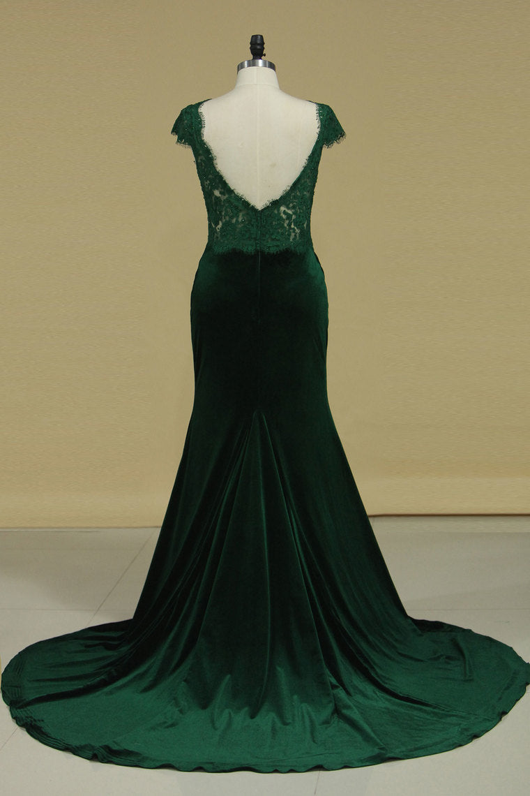 2022 Evening Dresses Scoop Short Sleeves Mermaid/Trumpet Velvet With Applique