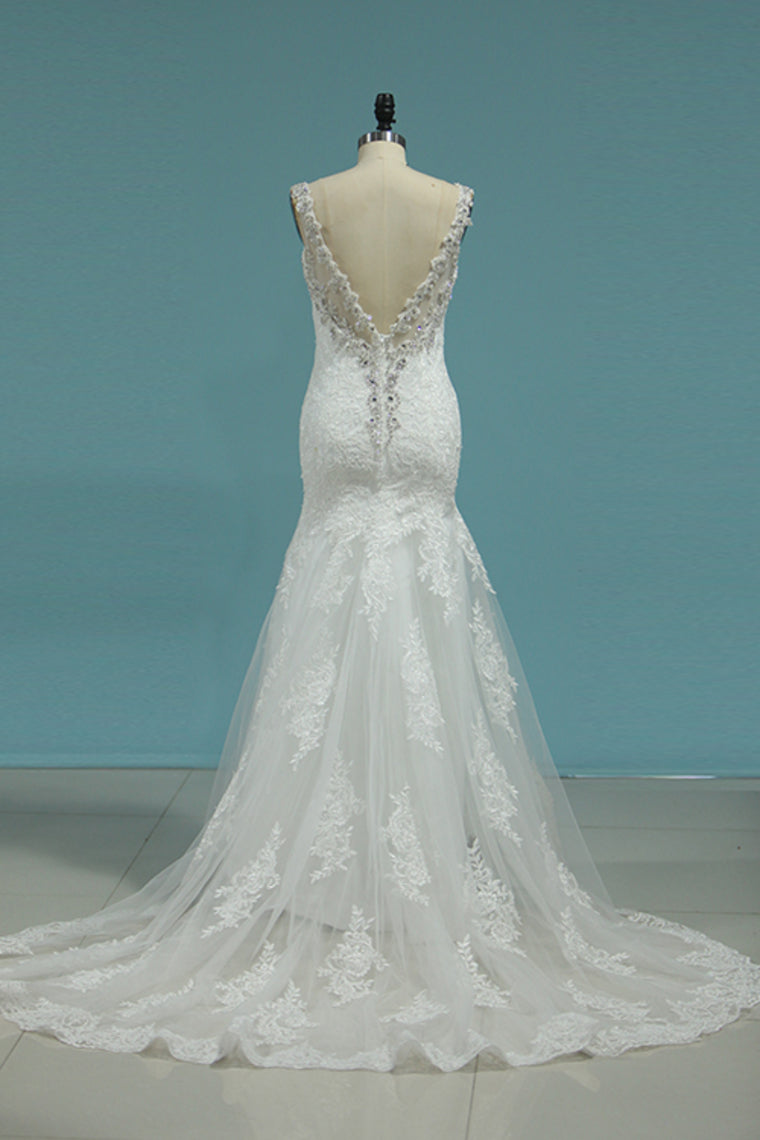 2024 Open Back Mermaid Wedding Dresses Spaghetti Straps Tulle With Applique And Beads