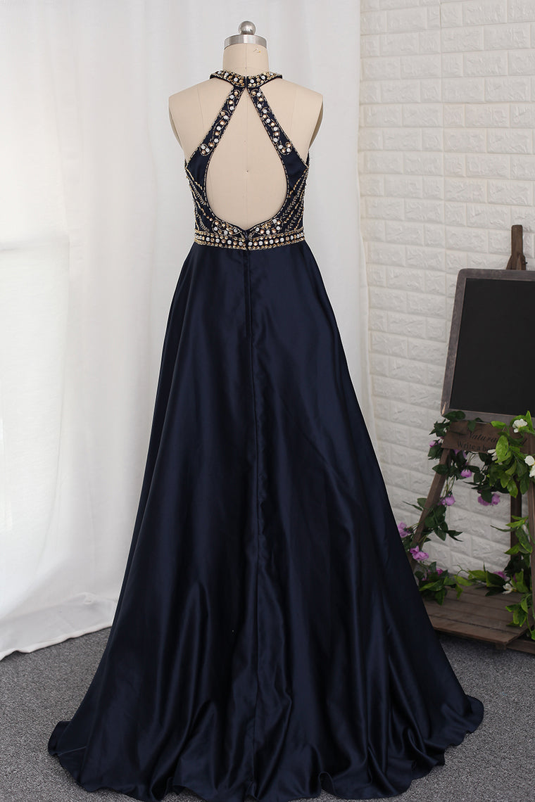 2024 Sexy Open Back Prom Dresses Scoop Satin With Beads A Line