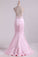 2022 Halter Floor Length Mermaid Prom Dresses Open Back Satin With Beads & Rhinestones