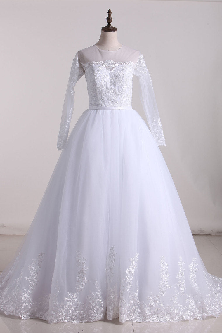 2022 A Line Scoop Long Sleeves Tulle With Applique And Sash Wedding Dresses