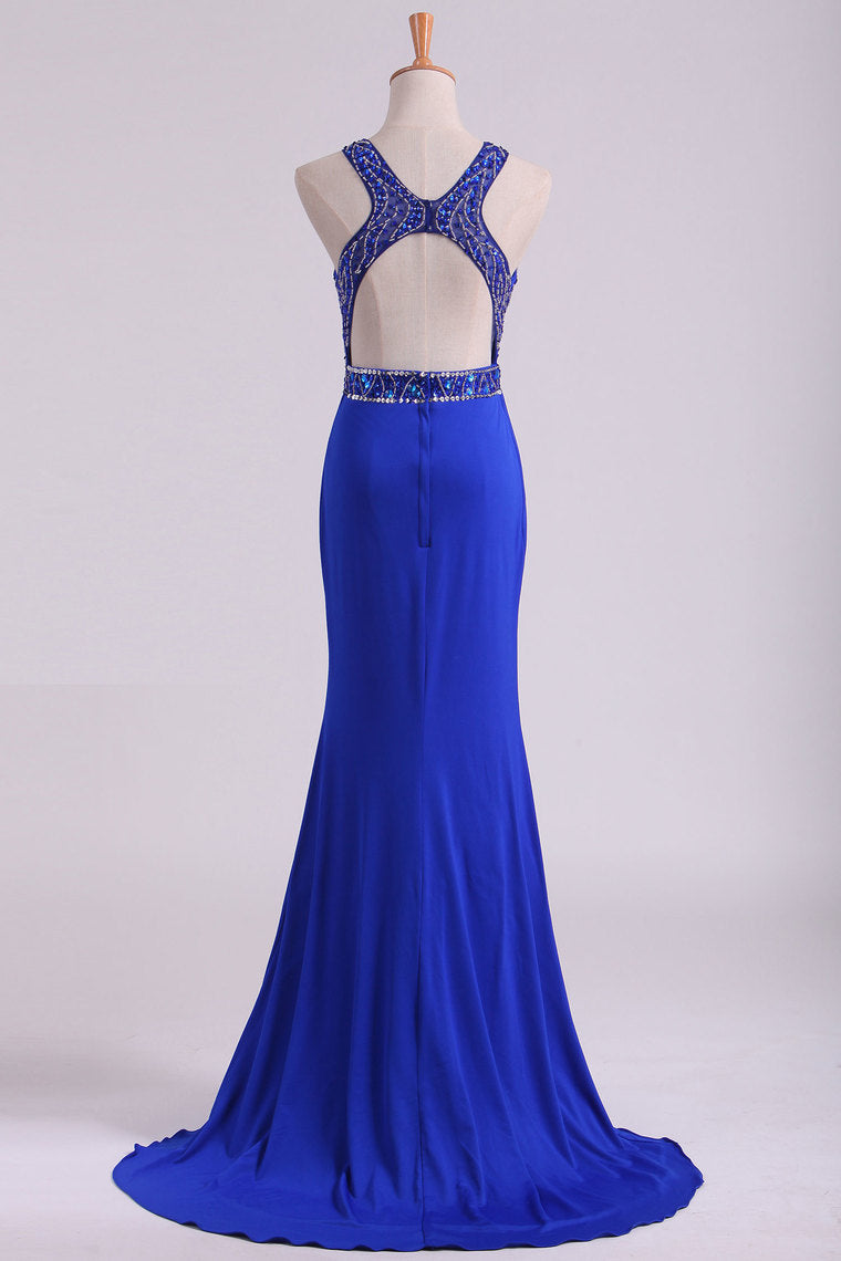 2022 Open Back Prom Dresses Scoop Spandex With Beading And Slit Sweep Train