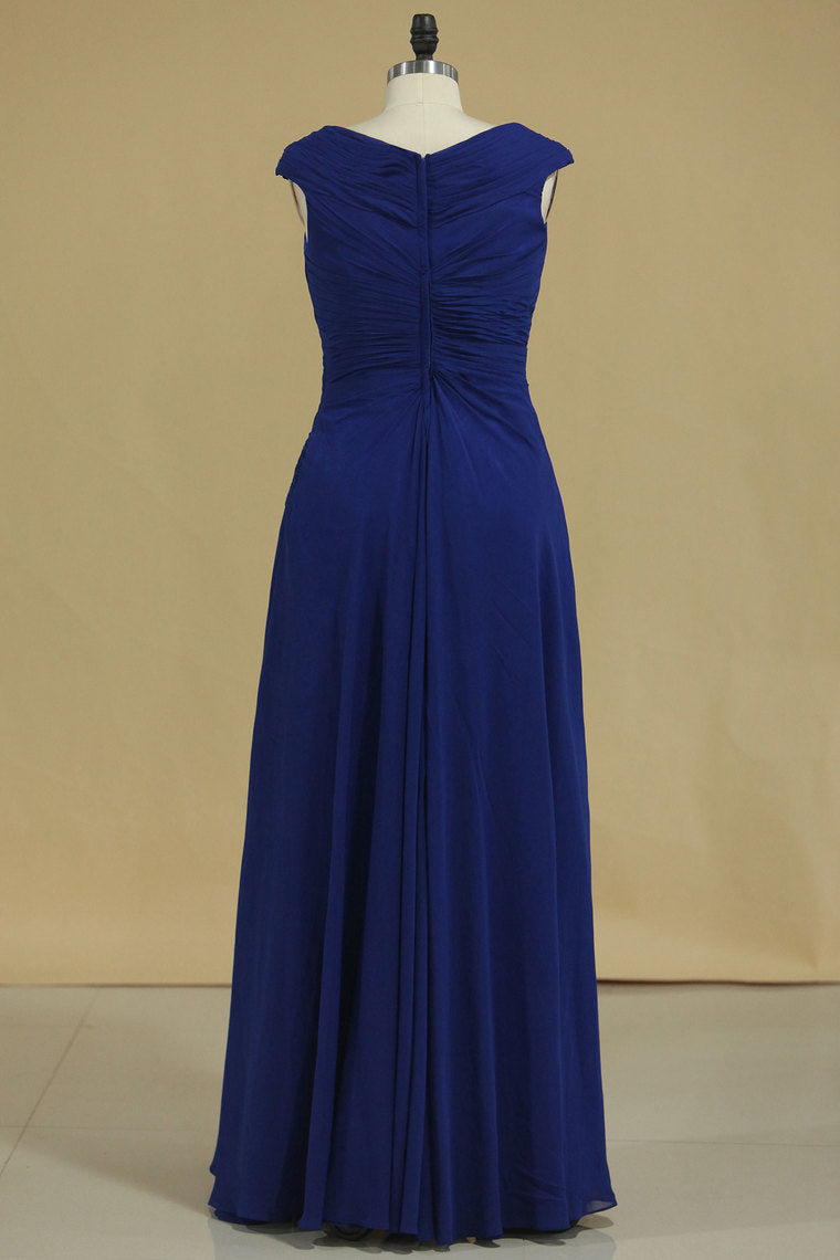2022 Dark Royal Blue A Line Cowl Neck Prom Dresses Chiffon With Applique And Beads
