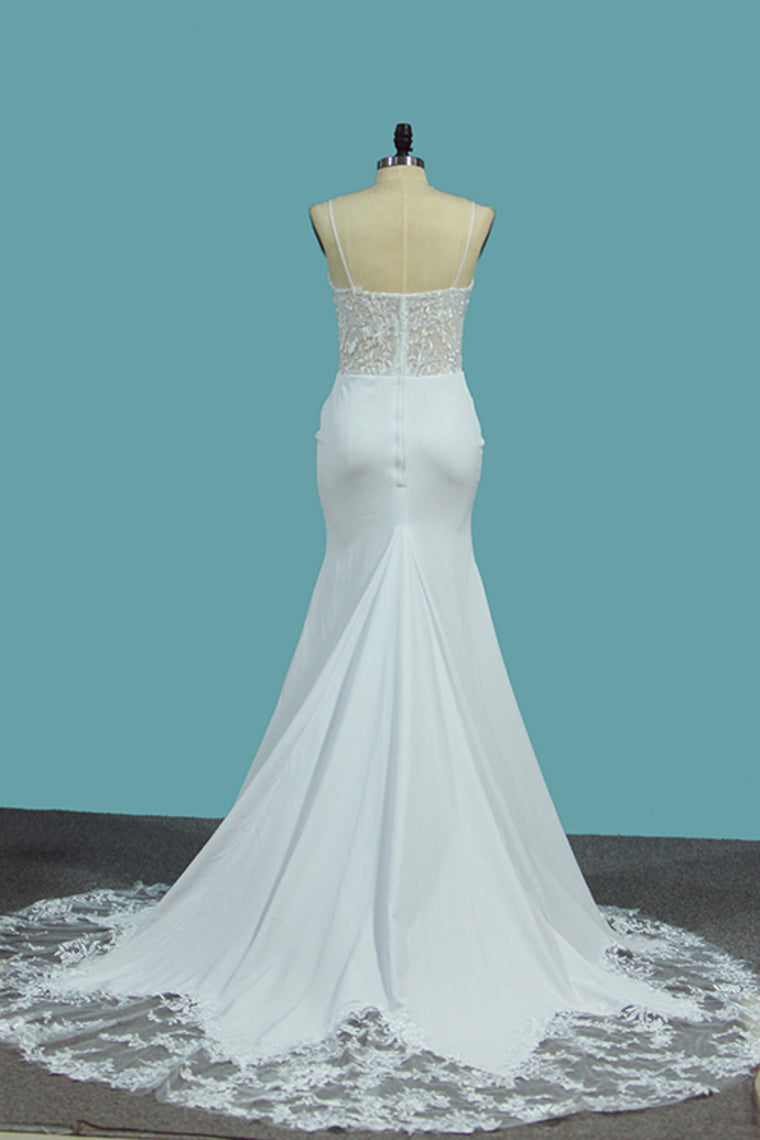 2024 Spaghetti Straps Mermaid Wedding Dresses Spandex With Applique Court Train