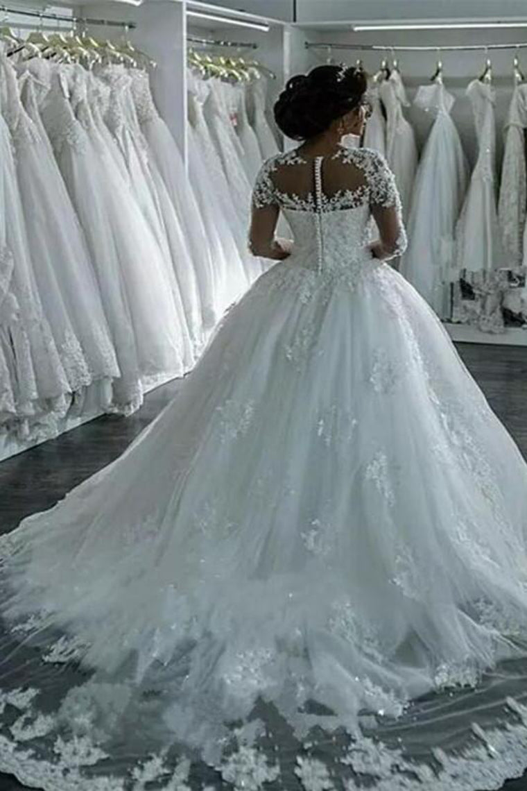 2024 New Arrival Long Sleeves Tulle Wedding Dresses Scoop Neck With Appliques