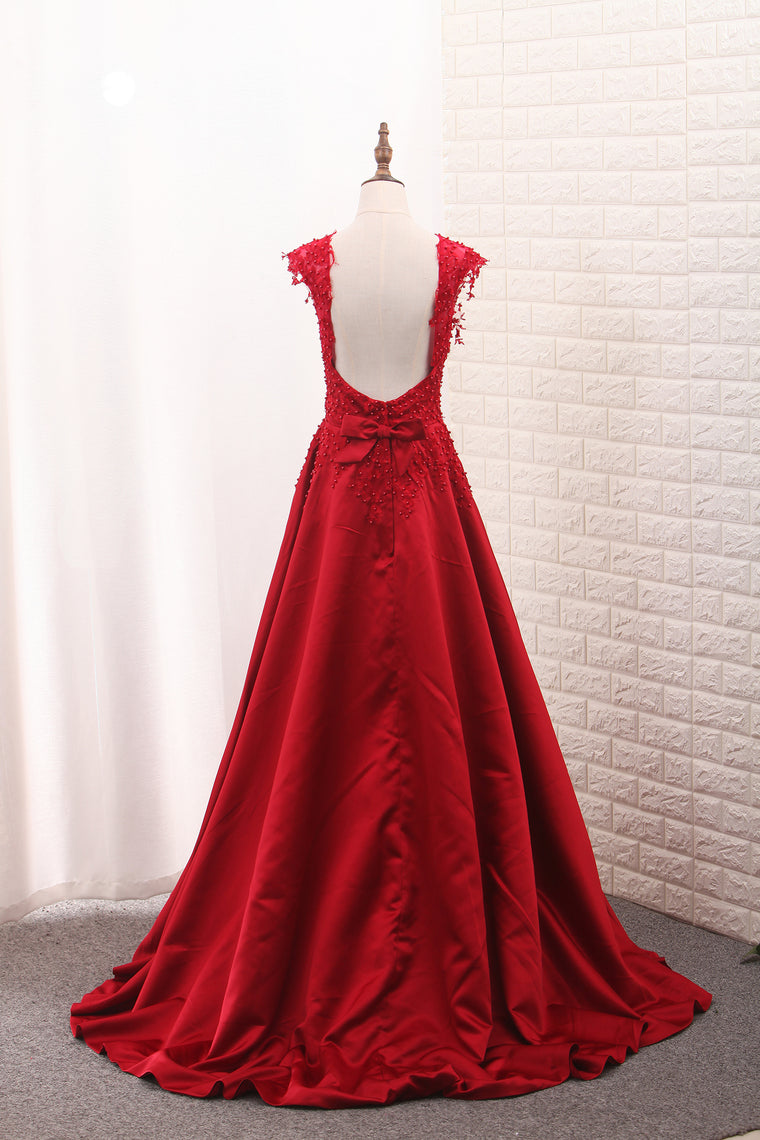 2024 Satin Straps Prom Dresses A Line With Applique And Beads Open Back