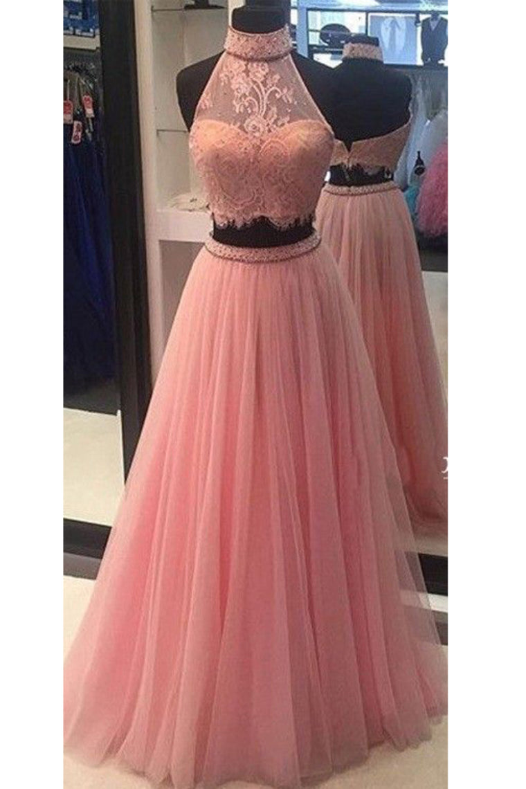 2024 Two-Piece Prom Dresses Halter Tulle & Lace With Beads A Line